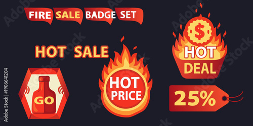 Colorful sale badges and promotional offers with fiery designs