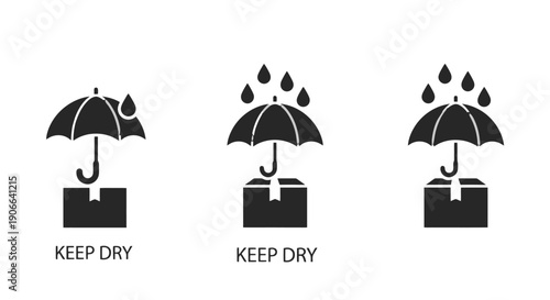 Three black Keep Dry packaging symbols featuring umbrellas raindrops and boxes in a flat icon style.