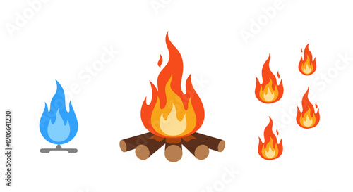 Vibrant Cartoon Bonfire with Orange Yellow Red Flames atop Brown Logs.