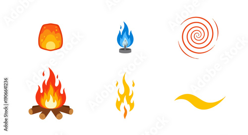 Vibrant cartoon campfire with burning logs and flickering red orange yellow flames.