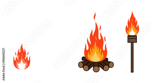 Vibrant cartoon fire illustrations set small flame campfire with logs and a burning torch.