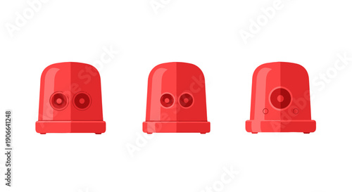 Three red emergency siren vector illustrations featuring dome tops and distinct circular elements.