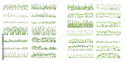 Collection of various green grass illustrations arranged in a grid pattern