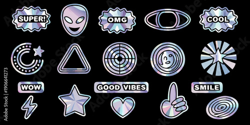A collection of iridescent stickers featuring quirky shapes and playful text