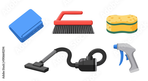 Vibrant Flat Design Household Cleaning Supplies Set with Towel Brush Sponge Vacuum Spray Bottle.