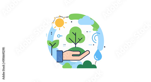 Vibrant flat design illustration of a hand nurturing a tree and sapling surrounded by sun clouds and water.