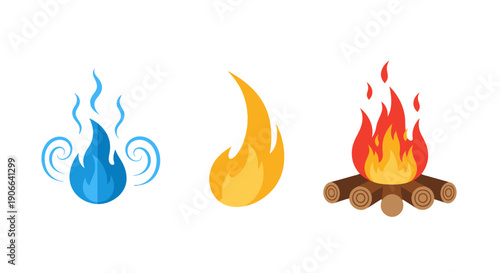 Vibrant flat design fire icons set featuring blue flame yellow ember and traditional campfire illustration.