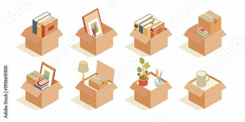 Isometric illustration of various personal items packed inside cardboard boxes
