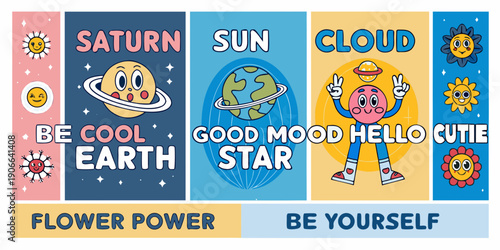Colorful illustration featuring planets sun cloud and positive affirmations