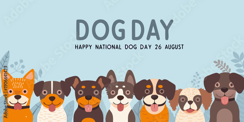 Happy national dog day illustration with various cartoon dog breeds