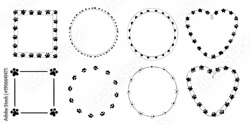 Paw print shapes square circle and heart arrangements in black and white