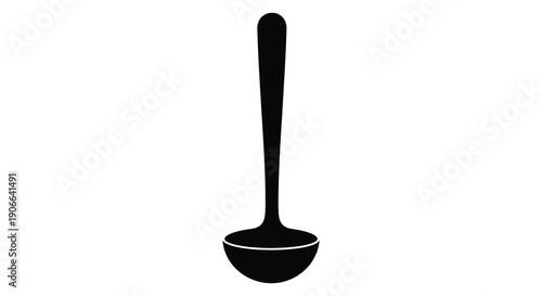 A stark black silhouette of a classic soup spoon stands vertically against a plain white background a simple design silhouette