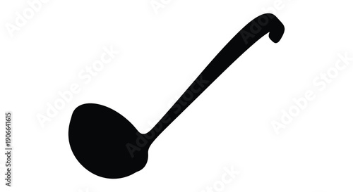 A simple black silhouette depicts a kitchen utensil specifically a curved ladle against a plain white background silhouette high quality professional