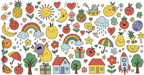 Colorful whimsical illustration of fruits rainbows and houses in a playful childlike style with smiling suns and trees