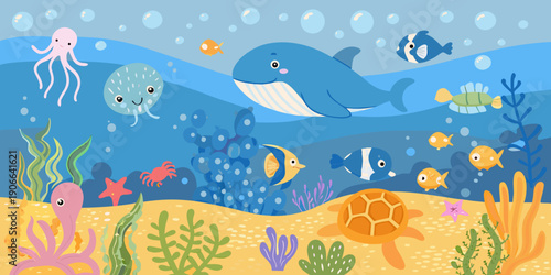 A colorful underwater scene with playful sea creatures and coral