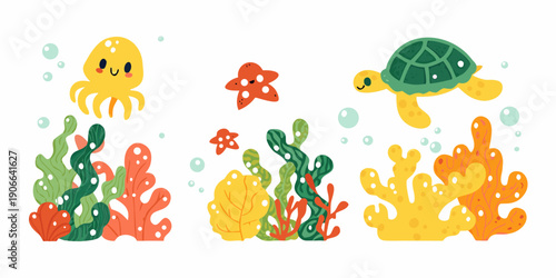 Cute cartoon illustration of underwater marine life with coral and bubbles