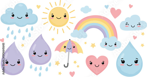 Colorful whimsical cartoon weather icons with smiling faces and rainbow