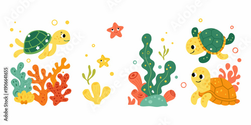 Cute cartoon turtles coral and seaweed in an underwater scene