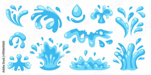 Collection of cartoon water splashes and droplets in various shapes