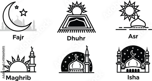 Islamic prayer times illustration set featuring Fajr, Dhuhr, Asr, Maghrib, and Isha symbols and mosques in various styles.