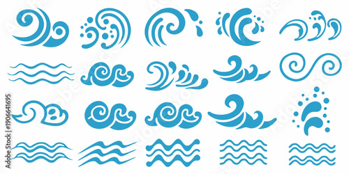 Collection of stylized blue wave and water droplet graphic elements