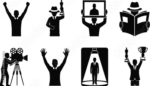 The image displays a collection of eight black and white silhouette icons on a white background, arranged in two rows of four.