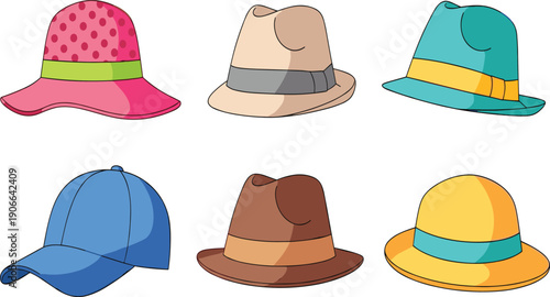 Collection of colorful summer hats and caps illustrations featuring fedora sun hat and baseball cap styles for fashion and travel,