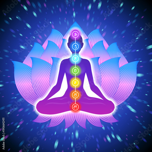 Meditating woman in lotus pose. Yoga illustration. Colorful 7 chakras and aura glow. Lotus background.