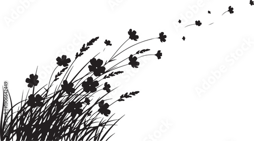Whimsical black silhouette of wildflowers and tall grass blowing in the wind against a white background, symbolizing nature's delicate movement.