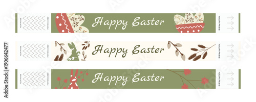 Easter festival wristband ticket set with bunny eggs flowers and plants in Scandinavian style