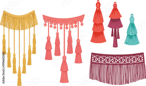 Collection of colorful bohemian tassels and fringe illustrations, decorative macramé textile elements for fashion design, home decor, and creative craft projects,
