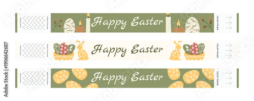 Easter festival wristband ticket set with bunny eggs candles flowers and plants in Scandinavian style