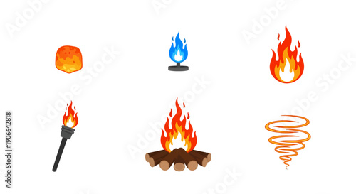Diverse collection of stylized fire and flame illustrations in various forms and colors.