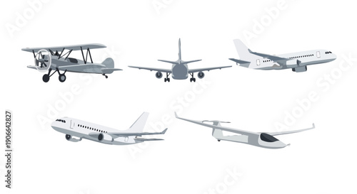 Diverse flat vector aircraft collection biplane passenger jets and glider in various flight poses.