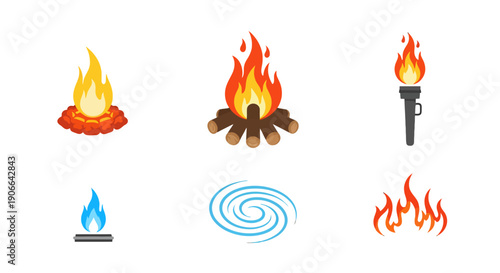 Diverse Elemental Icons Vibrant Fire Flames Campfire Torch Gas Burner and Blue Swirl.