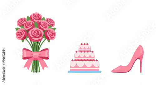 Elegant flat illustration featuring a pink rose bouquet a threetiered cake and a stylish highheeled pump.