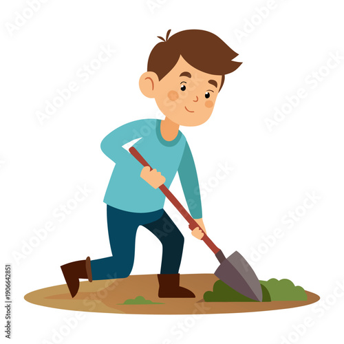 Boy Digging a Hole with Shovel, Flat Vector Illustration, Child Working Outdoors.