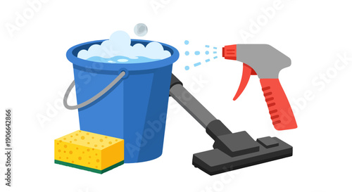 Essential household cleaning tools blue bucket with suds yellow sponge spray bottle vacuum head.