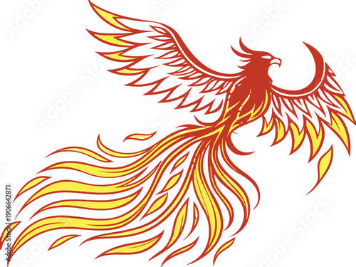 Vector isolated on transparent bg red phoenix bird with fiery feathers flying