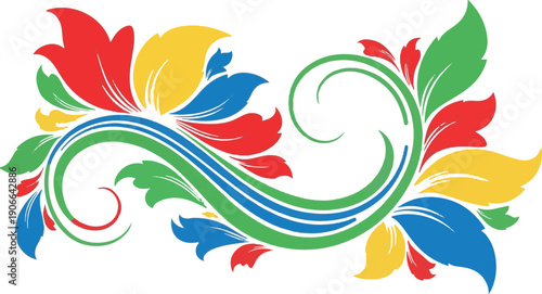 Vibrant colorful floral swirl with red, yellow, green, and blue petals and leaves, creating a lively and energetic abstract design.