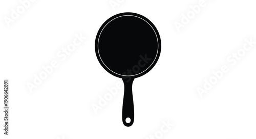 A simple black silhouette of a round frying pan with a long handle and circular cooking surface silhouette high quality professional