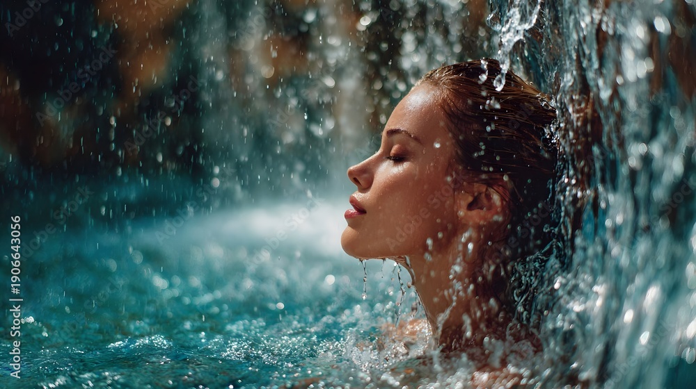 Fototapeta premium A woman relaxing under a waterfall in a peaceful spa pool. Concept: Wellness, relaxation, spa lifestyle, self care, tranquility, luxury отдых, mental balance, escape from stress.