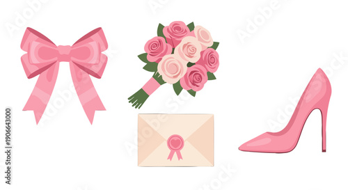 Stylish Pink Bridal and Feminine Elements Bow Rose Bouquet Sealed Envelope High Heel Shoe.