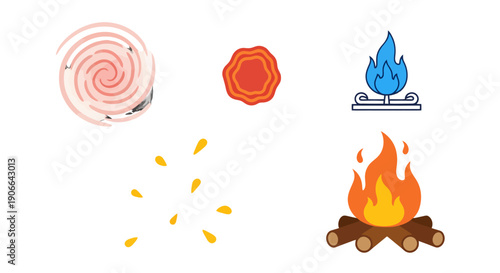 Stylized campfire icon with vibrant orange and yellow flames over brown logs.