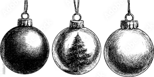 Vintage spherical festive ornaments with botanical engraving for holiday decoration