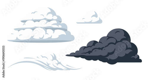 Stylized vector clouds collection puffy white light gray and dark stormy weather graphic elements.