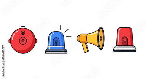 Vibrant cartoon emergency alert icons set featuring a red fire alarm blue and red warning lights and a yellow megaphone.