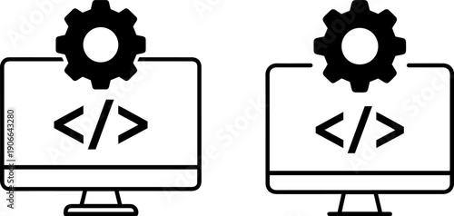 Modern coding setup with gear icons on computer screens for software development