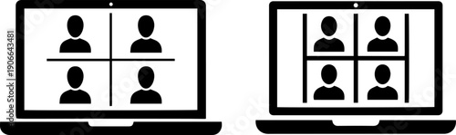 Remote team members connect via video calls on laptops