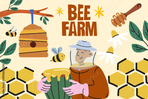 Cute cartoon honey banner. Bright organic bee farm compositions, bees, beekeeper, barrel of honey, apiary. Honey apiary background for wall decor, prints, wallpaper, advertising